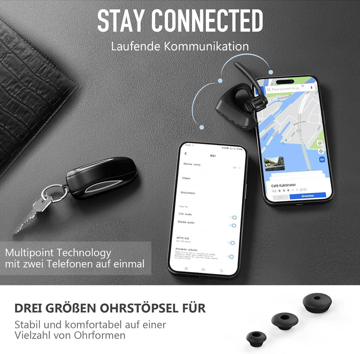Conambo Bluetooth Headset V5.2, kabelloser Ohrhörer mit 750-mAh-Ladeetui, 64 Stunden Gesprächszeit,