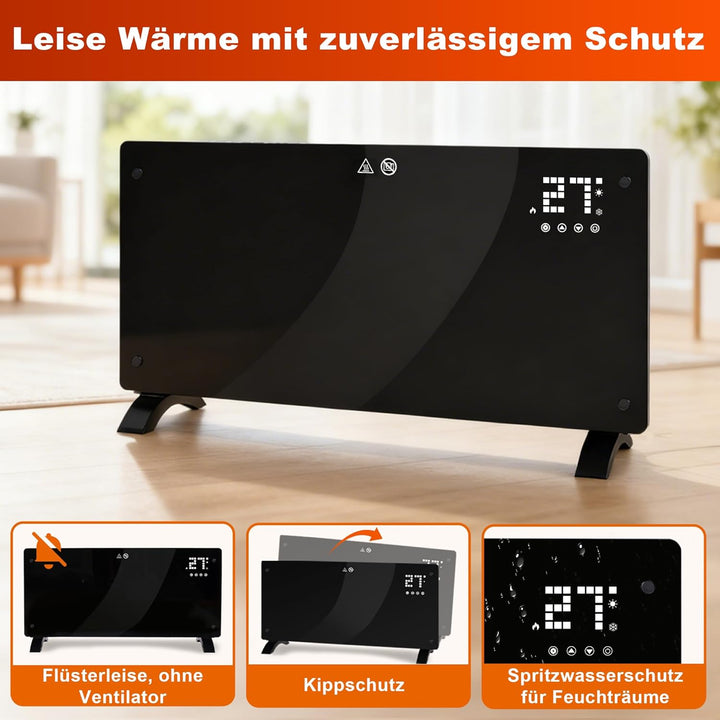 Citybee Elektroheizung Konvektor Heizung Elektrisch - Glasheizung mit Thermostat Energiesparend Leis