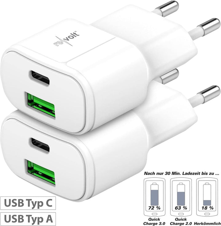 revolt 230-V-USB-Netzteil: Ultrakompakt. USB & Noteb.-Netzteil, USB-C/A, QC, PD, 30W, weiss 2er (Uni
