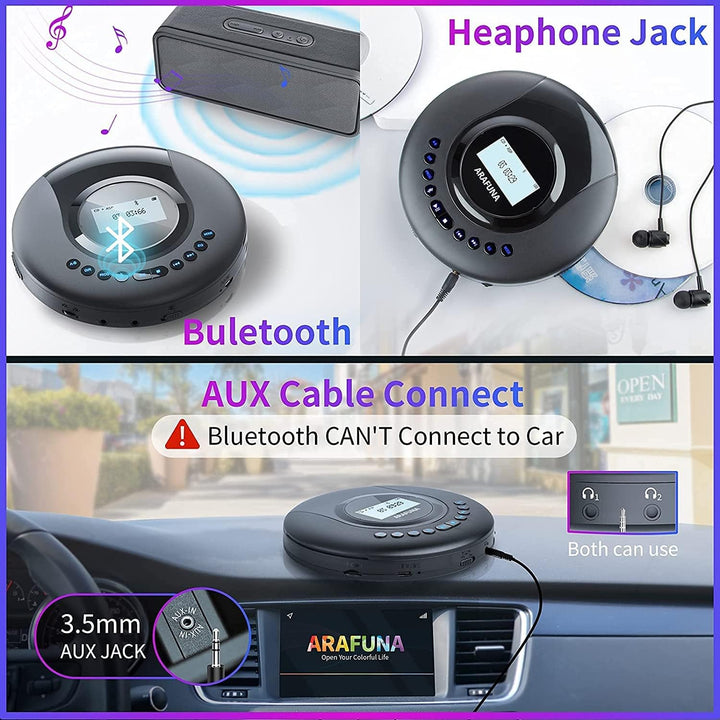 CD Player Tragbar, Arafuna Tragbarer CD Player Bluetooth für Auto und Kinder, 2000mAh wiederaufladba