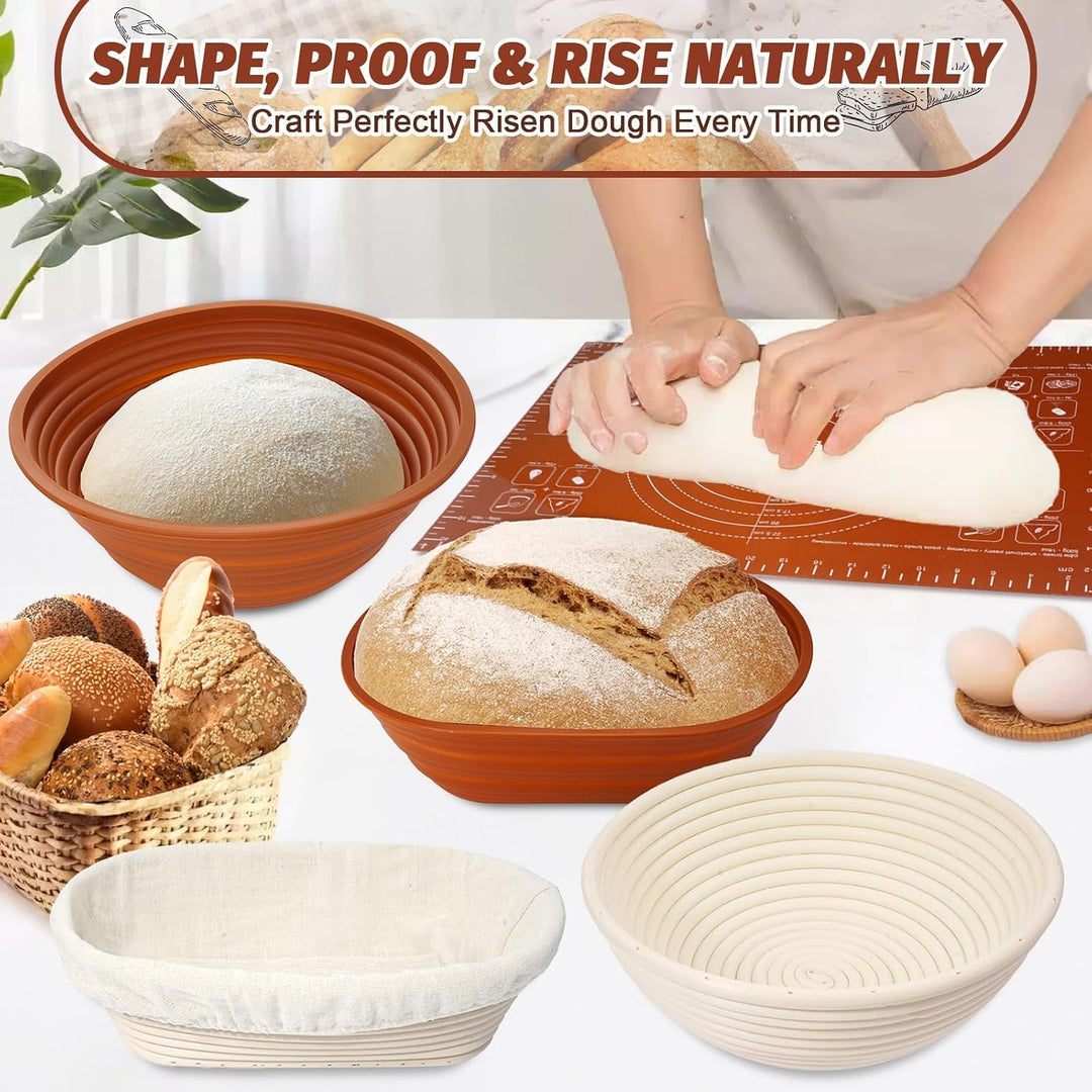 Sauerteig Starter Set mit 26cm Emaille Gusseisen Topf, Rund & Oval Gärkörbchen mit 900ml Sauerteig G