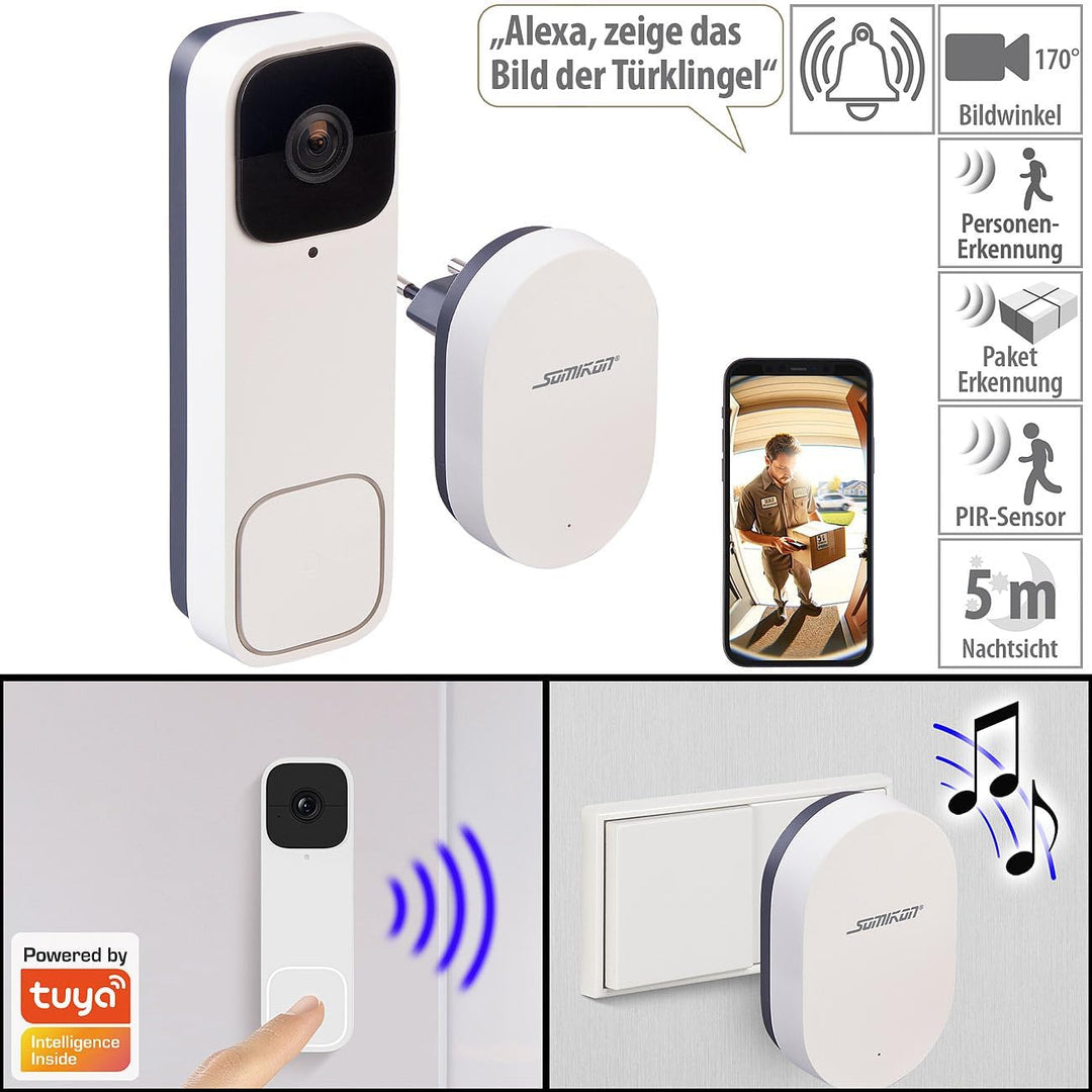 Somikon Türklingel mit Kamera: Kabellose WLAN-2K-Video-Türklingel, 170°, KI-Paket-Erkennung, PIR, Ap