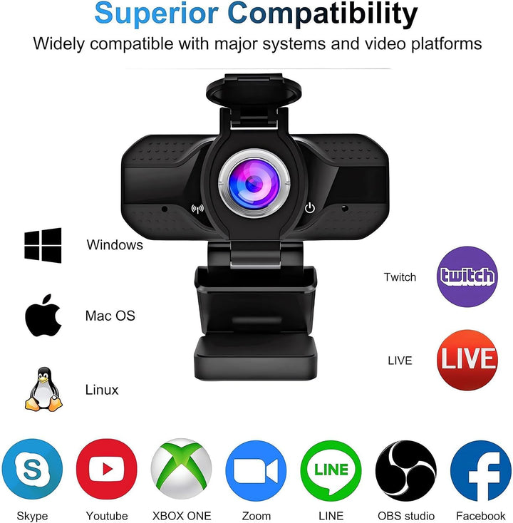Webcam Full HD 1080P für Videoanrufe, Aufnahmen, Studium, Webkonferenzen | mit Stativ und Webcam Abd