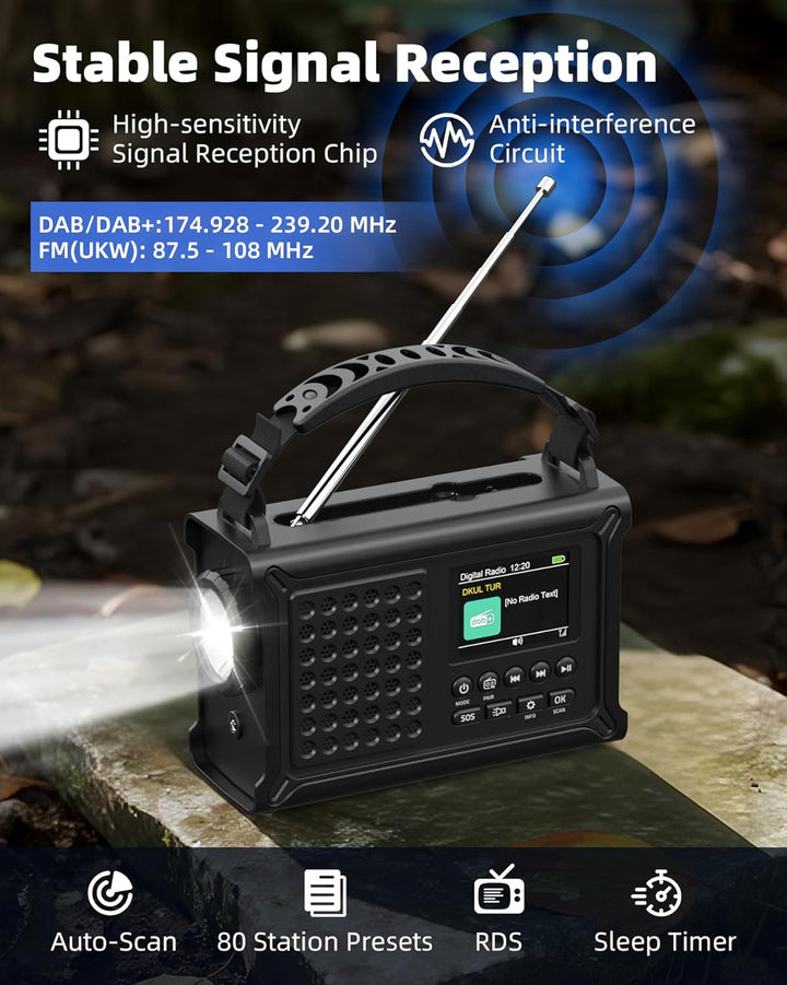 12000mAh Kurbelradio | DAB/DAB+/UKW mit Bluetooth 5.0 | Notfallradio mit 8500mm² Solarpanel & 650mA