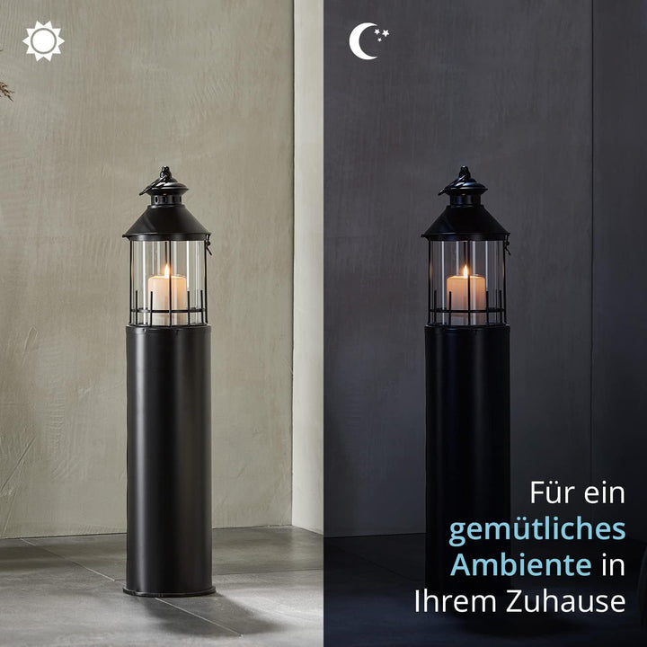 KHG Laterne Leuchtturm 72 cm aus Metall/Glas in schwarz, Kerzenständer, Kerzenhalter, Outdoor und In