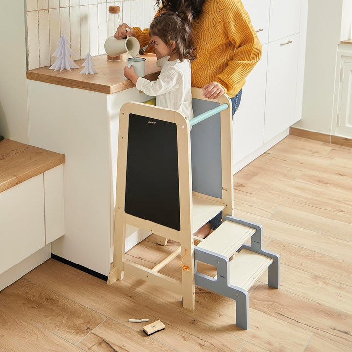 Janod - Lernturm aus Holz - 2 Einstellbare Höhen - 1 Abnehmbarer Tritthocker, 1 Tafel, 2 Kreiden, 1