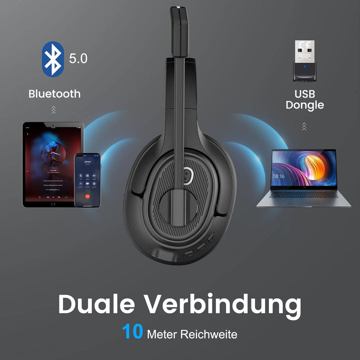 EKSA H6 Bluetooth Headset mit Mikrofon & USB Dongle [Bis zu 55 Stdn & 10 Meter Reichweite] Wireless