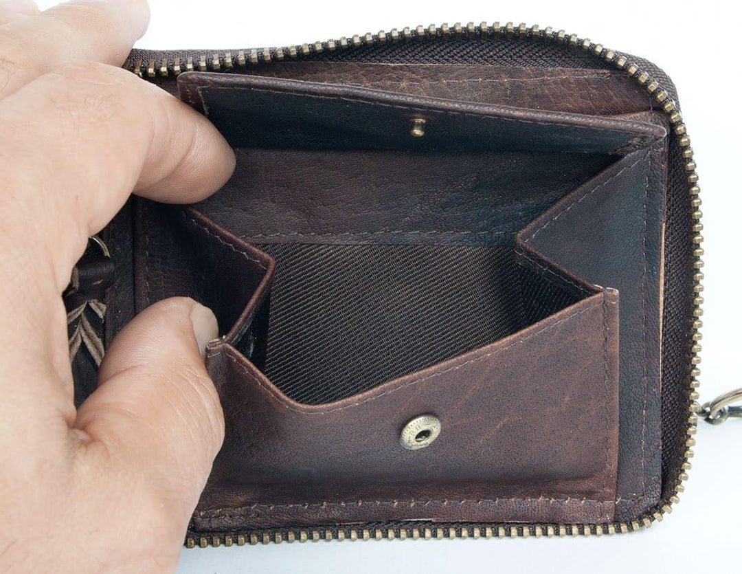 FLW Herren Biker Reissverschluss-um Naturleder Geldbörse mit einem Skorpion mit einer Kette