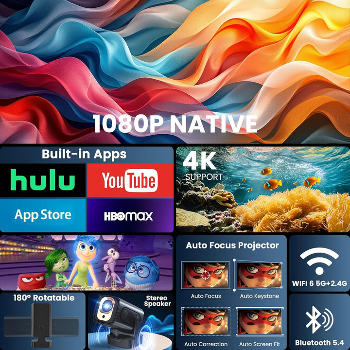 Beamer [1080P Native & Autofokus & 2025 Modell & Integrierte Apps] 4K Support Mini Beamer mit WiFi 6