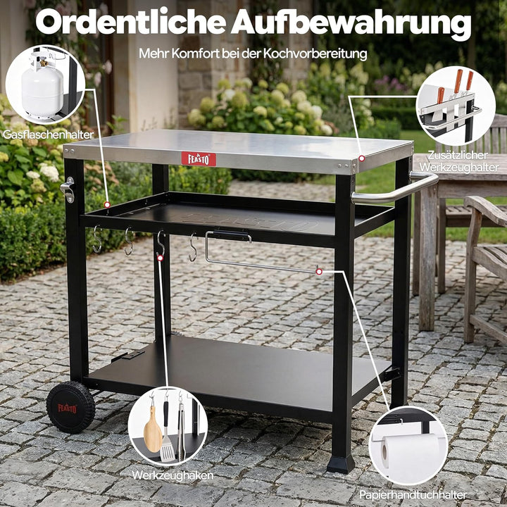Feasto Grillwagen Outdoor 3 Etagen, Multifunktionaler Grilltisch mit Edelstahlplatt, Griff, Rollen,