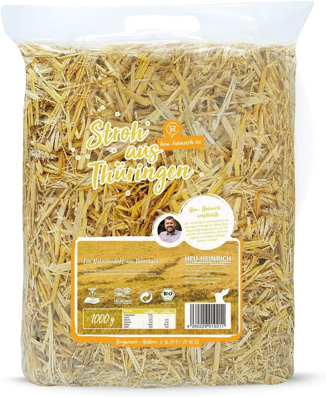 Heu-Heinrich® 6 x 1kg Bio Stroh als Streu, weiches Einstreu für Ihr Heimtier, 100% Bio Stroh Einstre