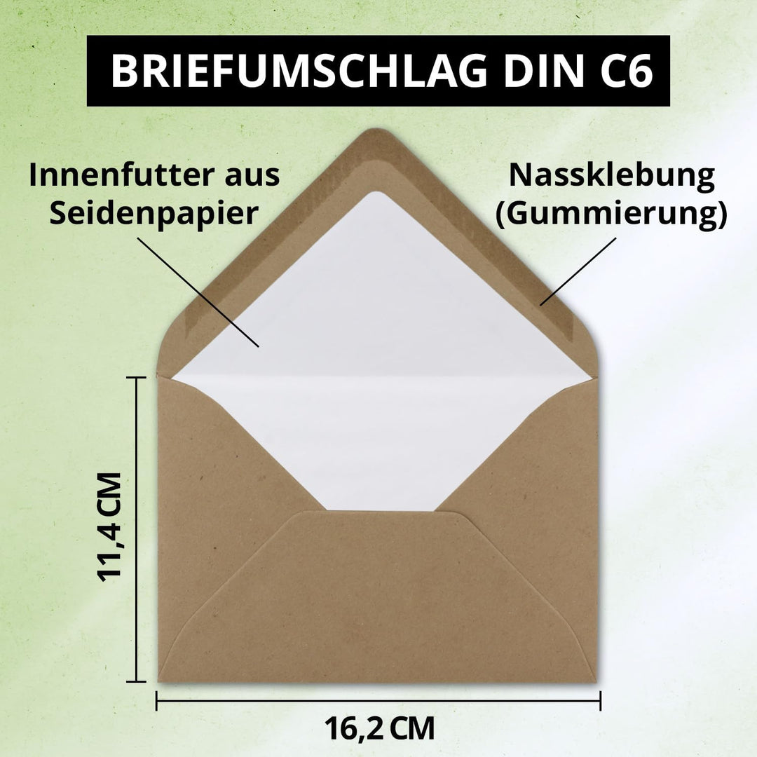 50 Briefumschläge Sandbraun - DIN C6 - gefüttert mit weissem Seidenpapier - 120 g/m² - 11,4 x 16,2 c