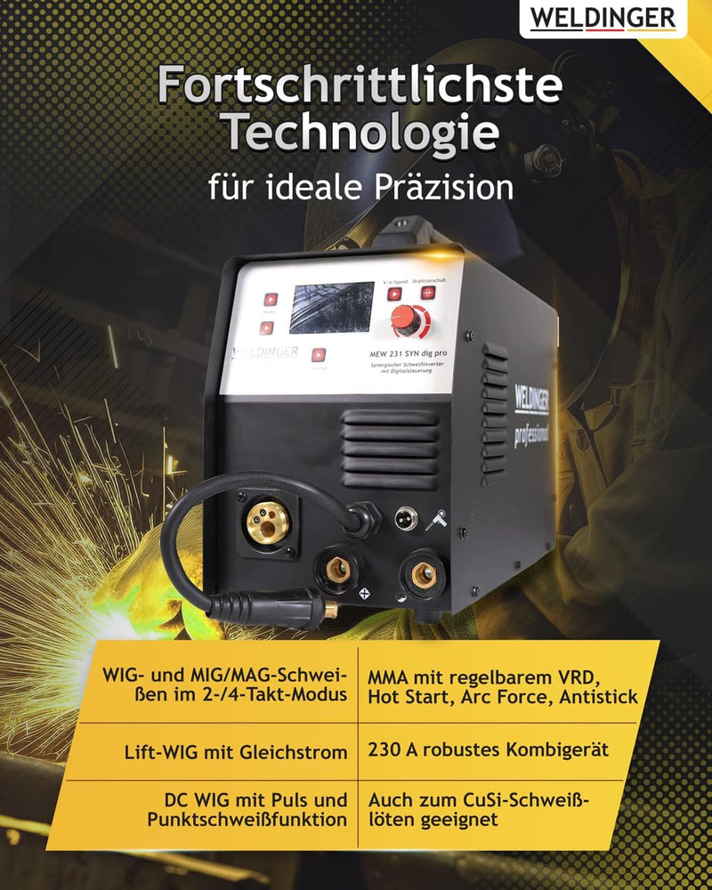 WELDINGER MEW 231SYN dig pro 230 A synergischer Multiprozess-Schweissinverter für Aluminium MIG/MAG