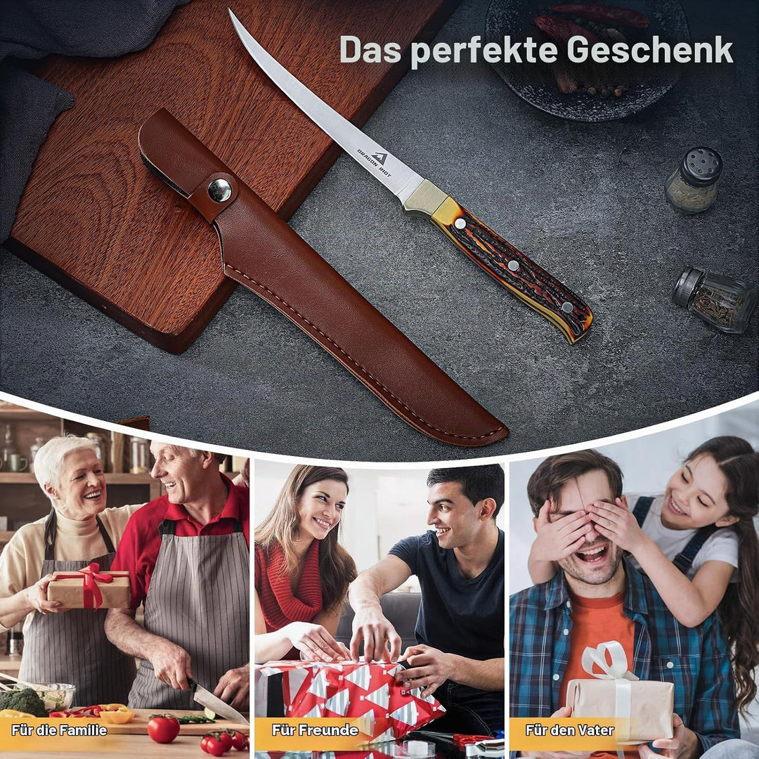 DRAGON RIOT Filetiermesser Fisch, 15.3 CM Fishing Edelstahl Fischmesser mit Anti-Rutsch-Griff，Ausbei