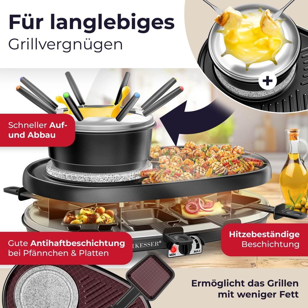 KESSER® 3in1 Raclette-Grill mit Naturgrillstein, Grillplatte und Fondue, Tischgrill für 8 Personen,