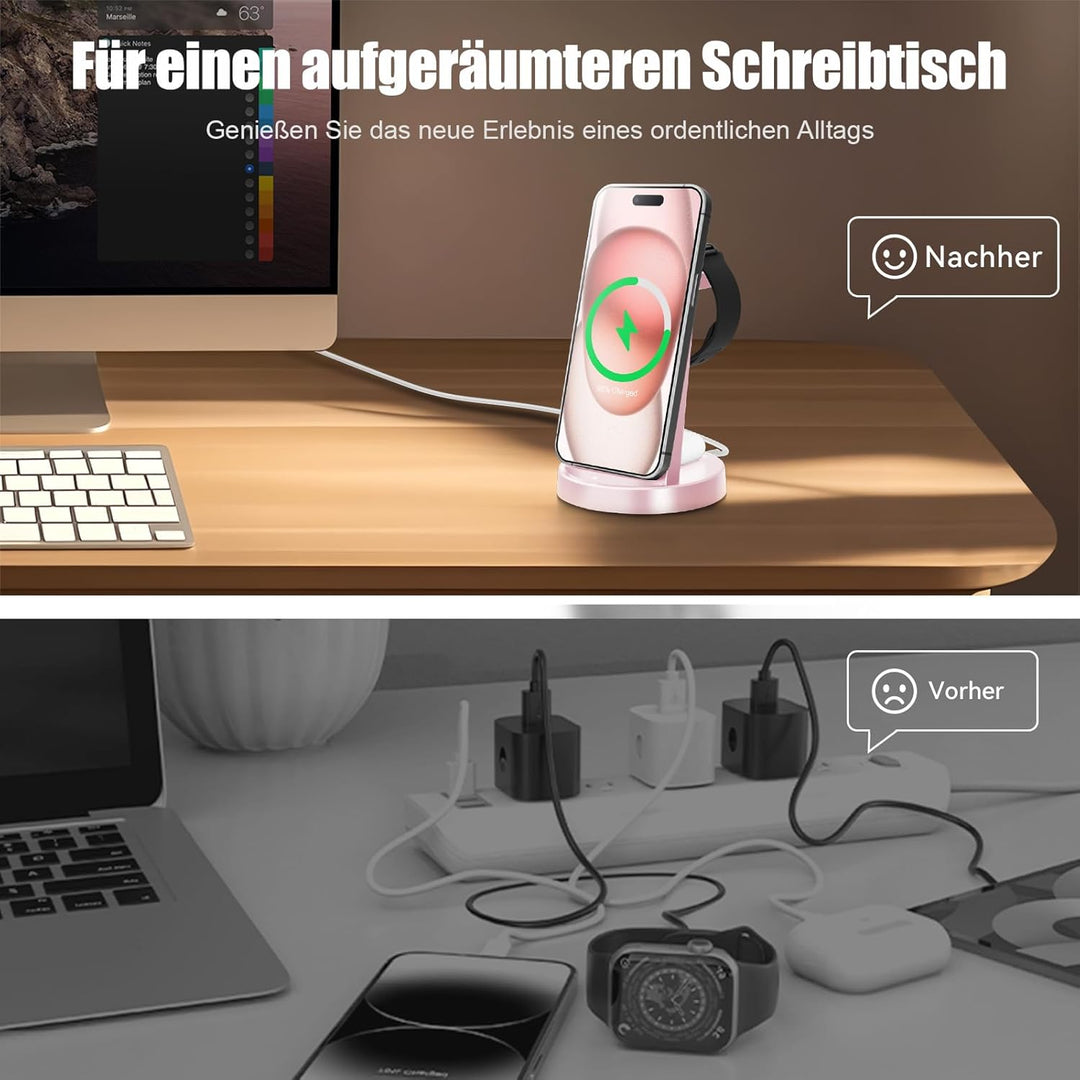 3 in 1 Ladestation Kabellos, 15W Schnellladegerät Wireless Charger Ständer für iPhone 17 Pro Max 16