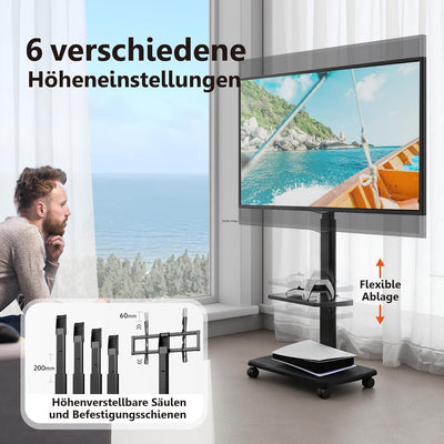 FITUEYES TV Bodenständer Rollbar mit Holzablage TV Standfuss TV Ständer Fernsehstand mit Rollen höhe