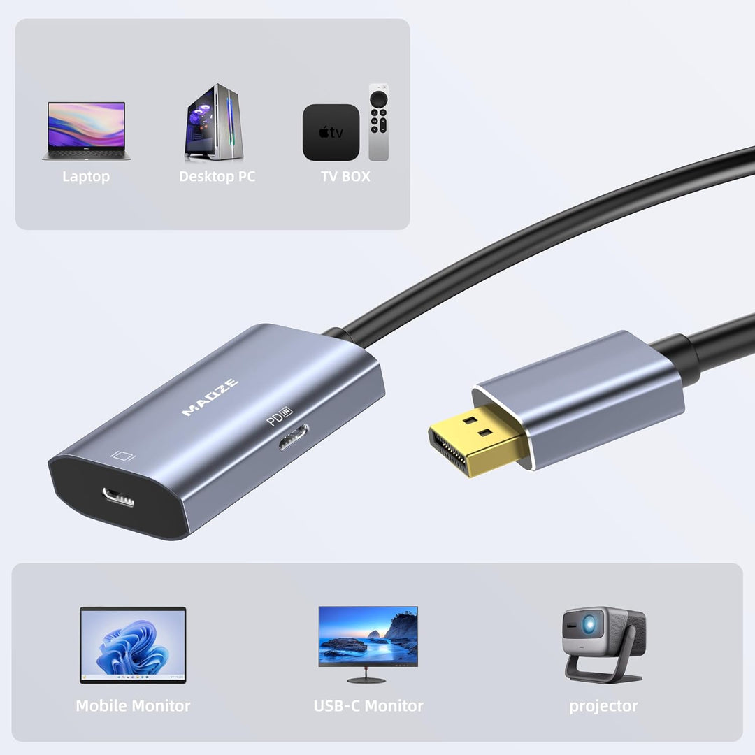 8K@30Hz / 4K@144Hz DisplayPort-auf-USB-C-Adapter mit PD 65W-Ladefunktion, Graphit-Kabel, DisplayPort