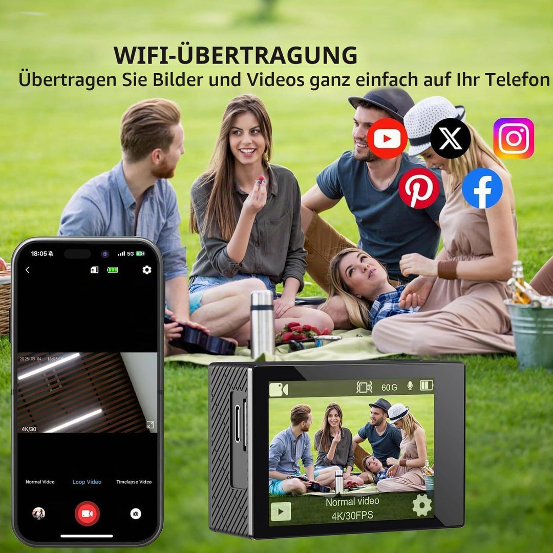 Action Cam, 5K30FPS 30MP Action Cam 40M Unterwasserkamera wasserdichte WiFi 170° Ultra-Weitwinkel EI