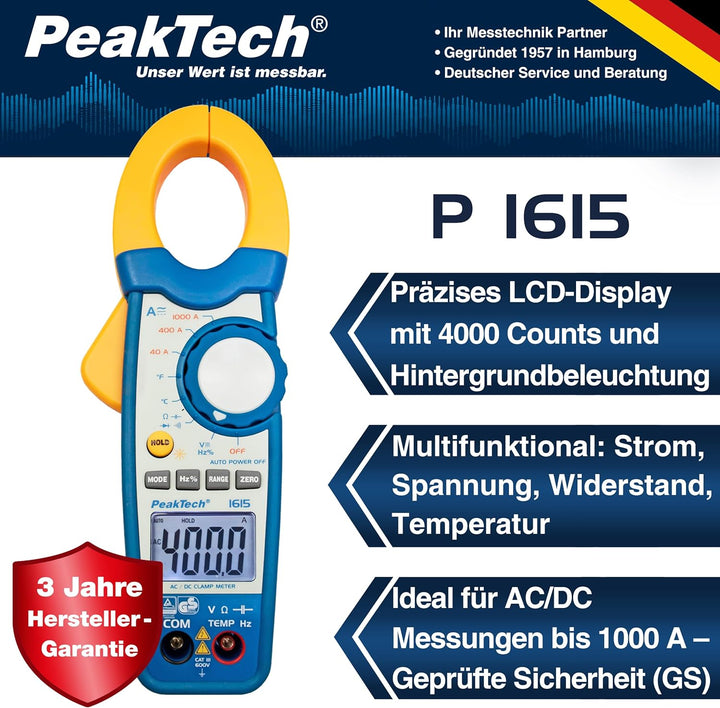 PeakTech 1615 – Zangenmessgerät 1000A AC/DC, Stromzange Multimeter, TÜV/GS, CAT III, Strommesszange,