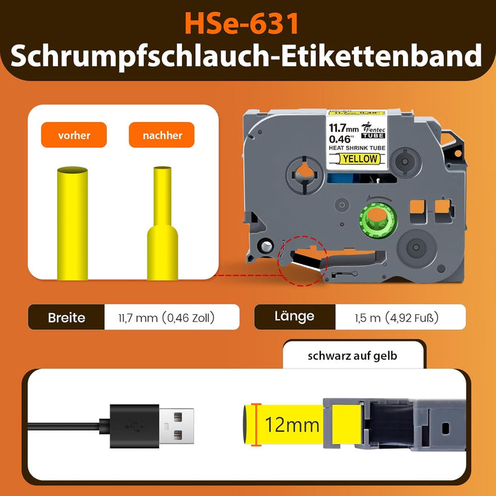 3x Kompatibel für Brother Ptouch HSe-631 HSe631 HS-631 HS631 11.7mm Schwarz auf Gelb Wärmeschrumpfro