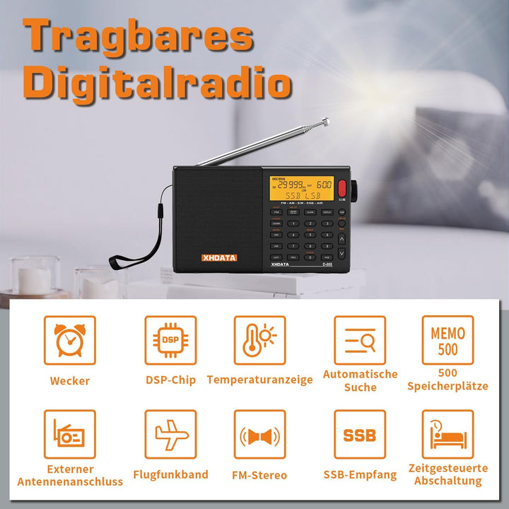 XHDATA D808 Tragbares Digitales Radio, Weltempfänger Radio, Kurzwellenempfänger, UKW-Stereo/KW/MW/LW