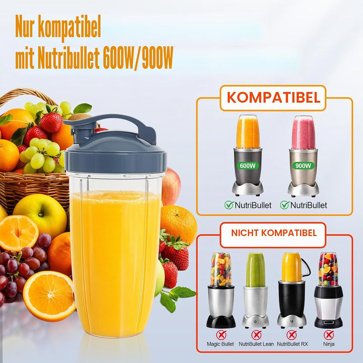 Poweka Ersatzteile Kompatibel mit Nutribullet 600 W/900 W Mixer, 2 Gläser à 32 oz mit Klappdeckel Ko