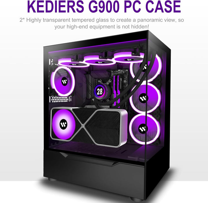 KEDIERS PC Gehäuse - Vorinstallierte 4 PWM ARGB lüfter， E-ATX Tower Gehäuse aus gehärtetem Glas， Sch