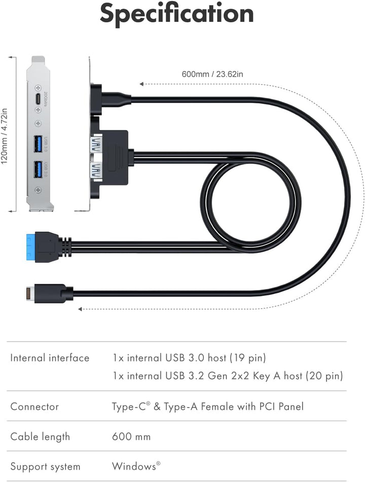 GRAUGEAR 20Gbit/s USB Port Typ-C & 2x Typ-A I USB HUB in PCI Slot [Extra HUB] Mainboard USB Verlänge