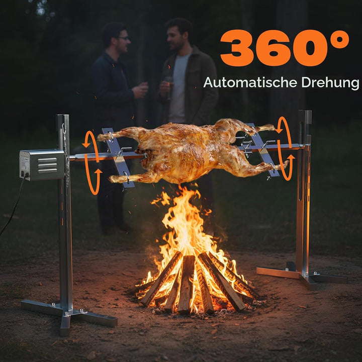 Spanferkelgrill mit Motor 60kg Belastbarkeit, Elektrischer Grillspiess Edelstahl mit 5-Stufig Höhenv