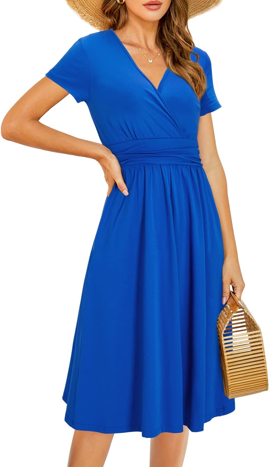 STYLEWORD Damen Sommerkleid Kurzarm V-Ausschnitt Kleider Blumenmuster Kleid Wickelkleid Mit Taschen