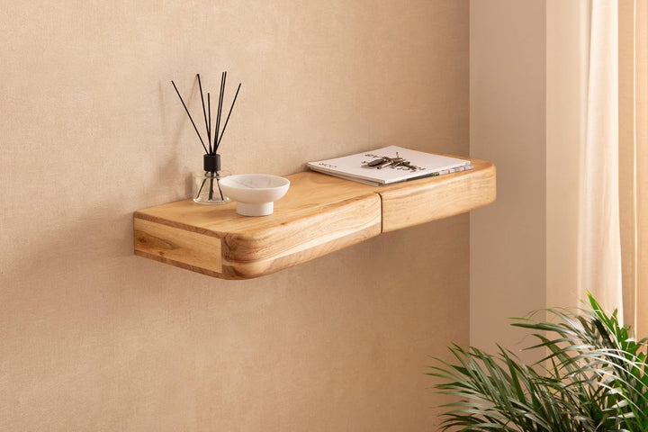 Wohnling Wandregal 80x20x8 cm Akazie Massivholz mit 2 Schubladen 80 cm, 80 cm