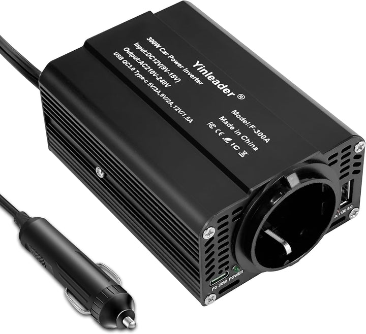 Yinleader 300W 12V auf 230V Wechselrichter 1 EU-Steckdosen und Typ-C PD&USB Q.C 3.0 mit Zigarettenan