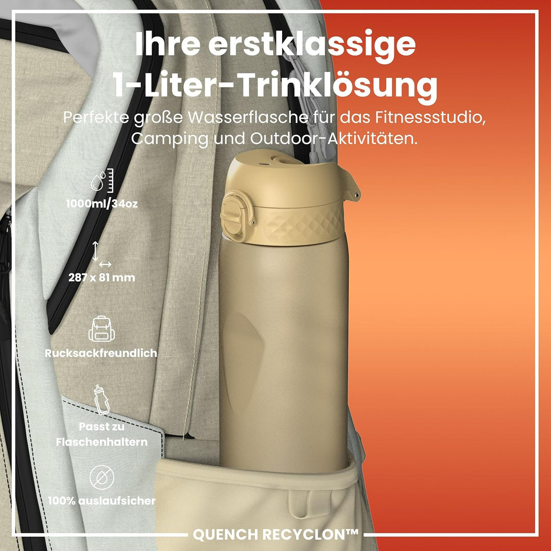 ION8 1 Liter Trinkflasche, 1000ml, Auslaufsicher, Einhandöffnung, Sichere Verriegelung, Spülmaschine