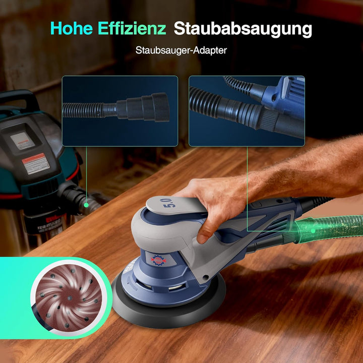 Bürstenloser Exzenterschleifer mit 125mm/150mm Schleifteller, 350W Schleifmaschine für Holz mit 20 S