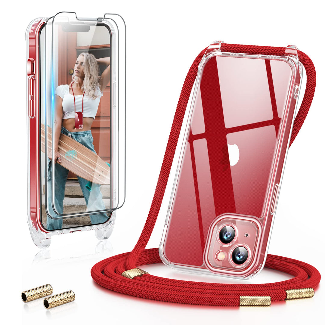 GOODVISH 3 in 1 Handykette für iPhone 13 6,1 Zoll mit 2 Stück Schutzfolie, Necklace Hülle mit Band [