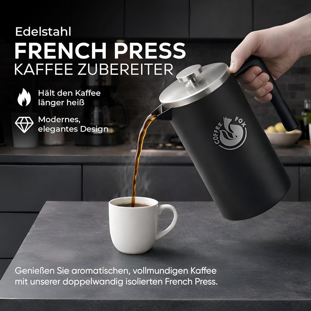 French Press Kaffeekanne aus doppelwandigem Edelstahl Schwarze Pressfilterkanne Französische