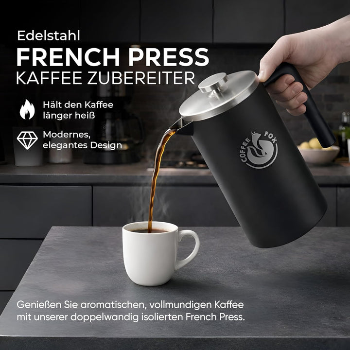 French Press Kaffeekanne aus doppelwandigem Edelstahl Schwarze Pressfilterkanne Französische