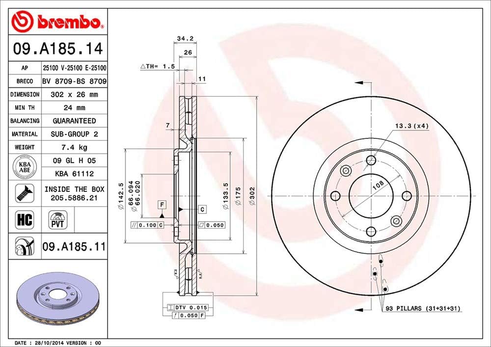 Brembo 09.A185.11 COATED DISC LINE Bremsscheibe - Paar