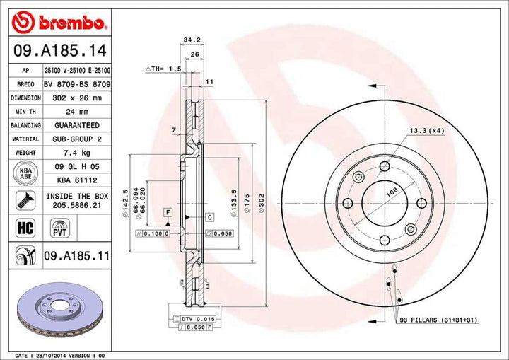 Brembo 09.A185.11 COATED DISC LINE Bremsscheibe - Paar