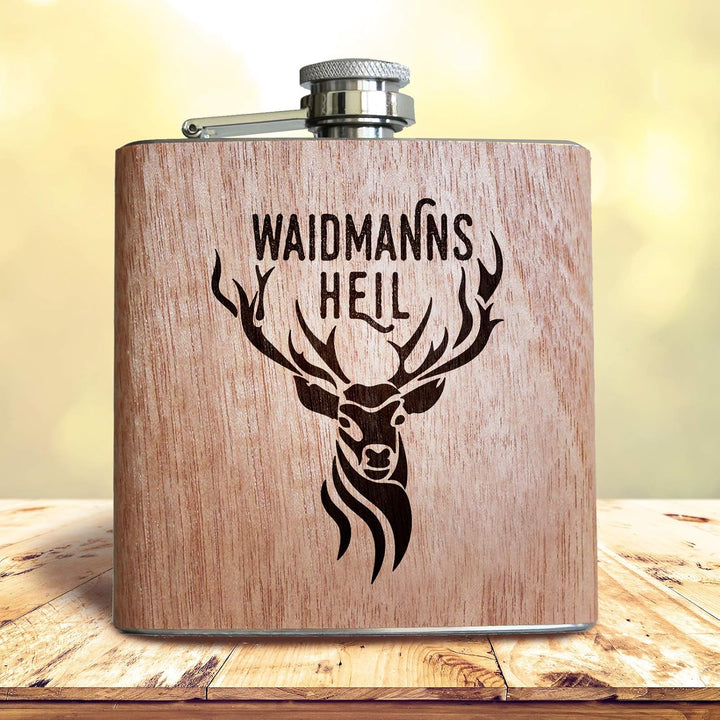 Pixelstudio Waidmannsheil Holz Flachmann Geschenk Jäger Jägerin mit Gravur Geschenkidee Jagd & jagen
