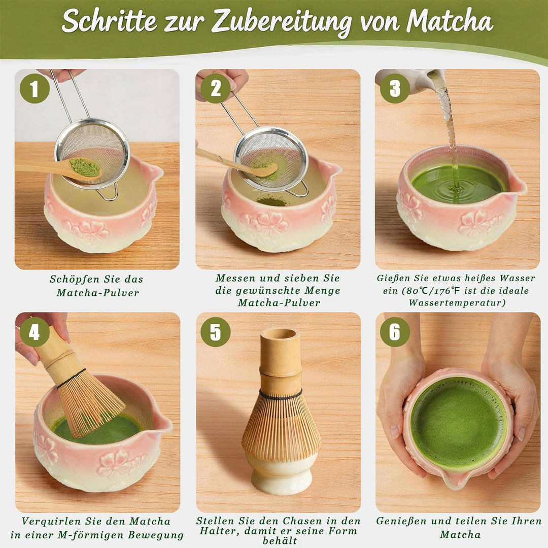 Matcha Set, 8-teilig mit 550ml Keramikschale &amp; Chasen | 550ml Keramikschale mit Ausguss und Sakura-R