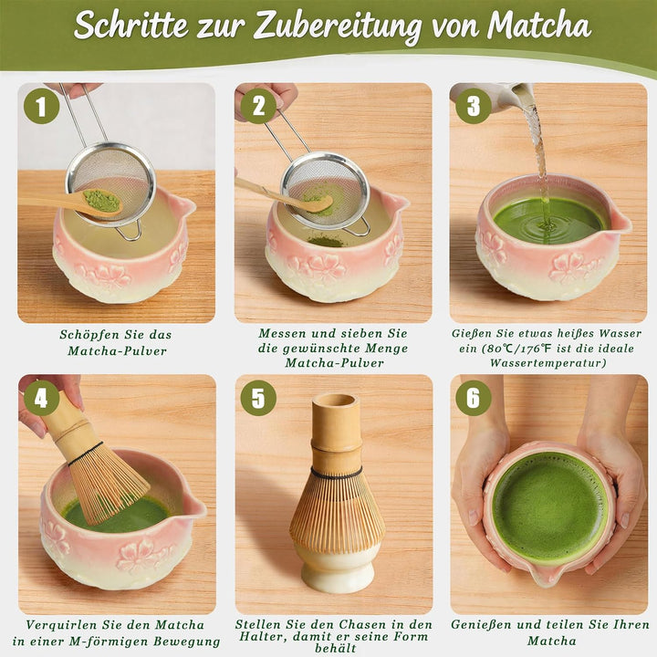Matcha Set, 8-teilig mit 550ml Keramikschale &amp; Chasen | 550ml Keramikschale mit Ausguss und Sakura-R