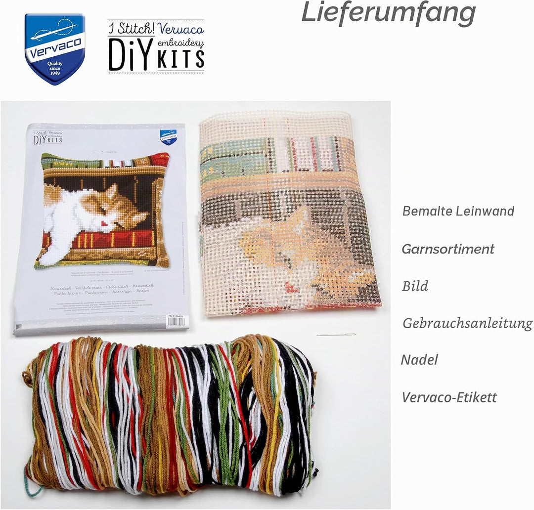 Vervaco Schlafende Katze Kreuzstichkissen/Stickkissen vorgedruckt, Baumwolle, Mehrfarbig, 40 x 40 x