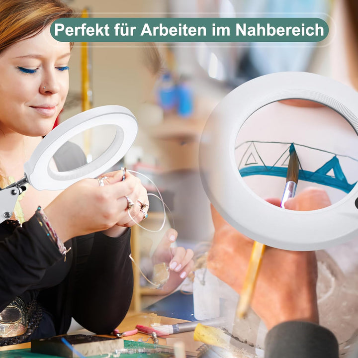 Veemagni 10X Lupe mit Licht, 5 Farbmodi Stufenlos Dimmbar, Verstellbarer Schwenkarm LED Beleuchtete