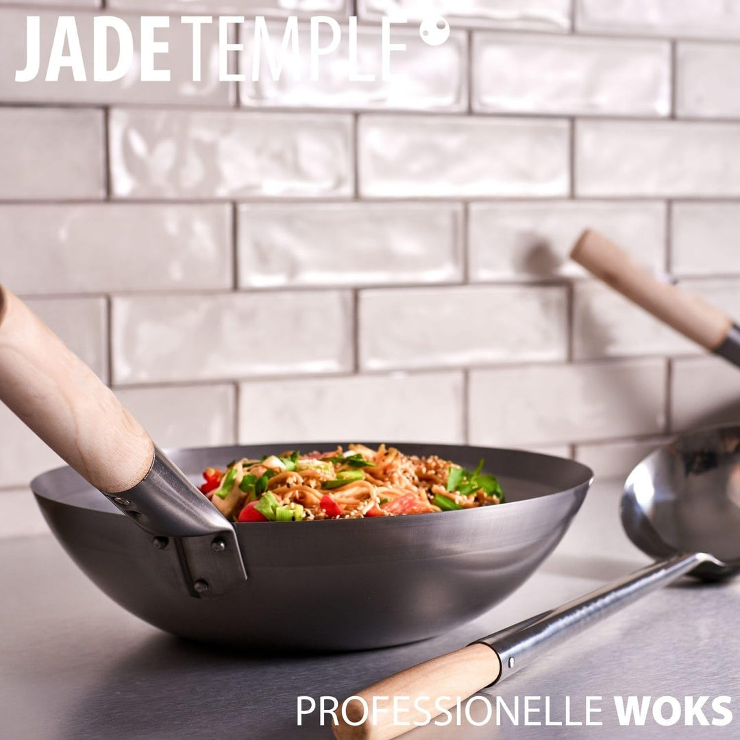 JADE TEMPLE Wok aus Carbonstahl, mit flachem Boden und 35 cm Durchmesser, mit rundem Holzgriff Durch