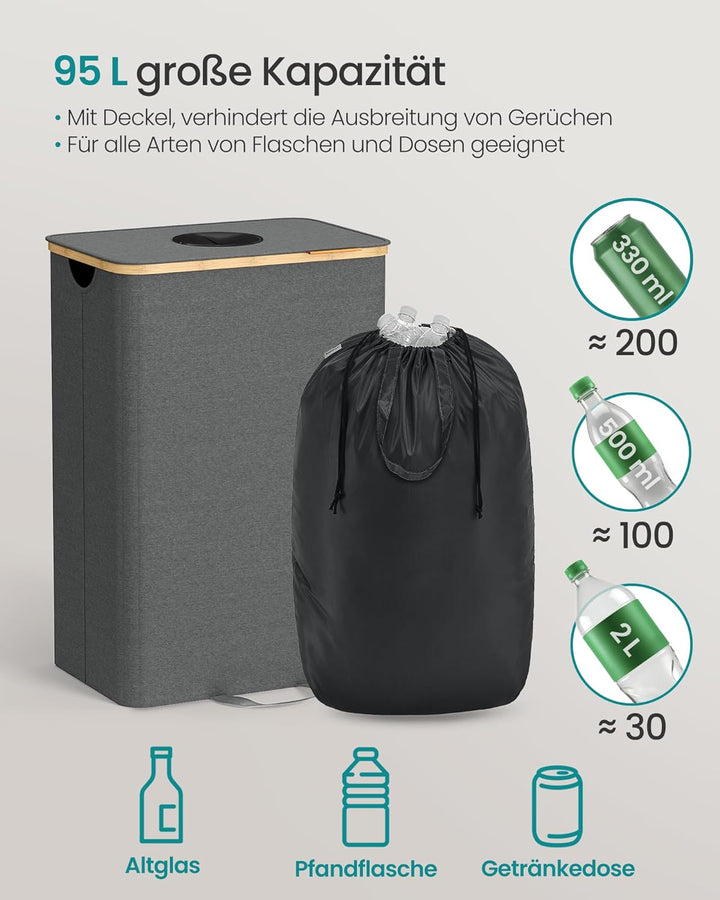 SONGMICS Pfandflaschen-Sammelbehälter, 95 L Pfandflaschen-Behälter, Flaschensammler Leergut, Recycli