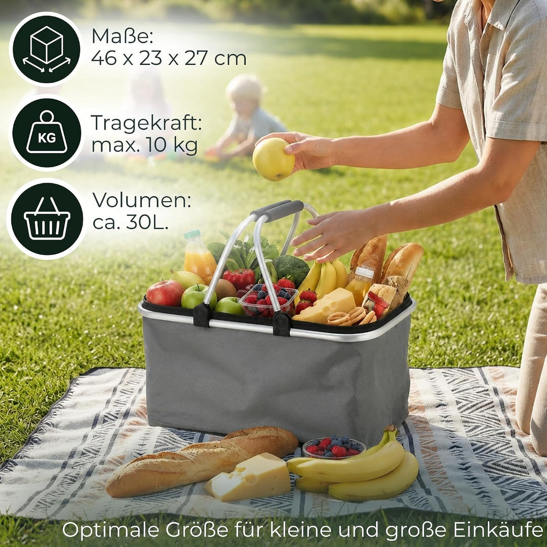 Novaliv 12x Einkaufskorb faltbar mit Kühlfunktion 30 Liter GRAU Isolierkorb mit gepolsterten Tragegr