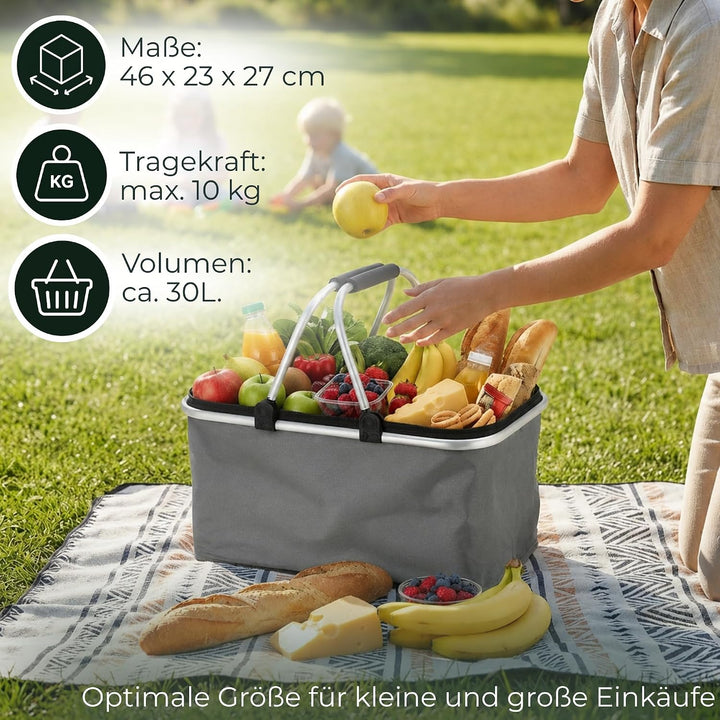 Novaliv 12x Einkaufskorb faltbar mit Kühlfunktion 30 Liter GRAU Isolierkorb mit gepolsterten Tragegr