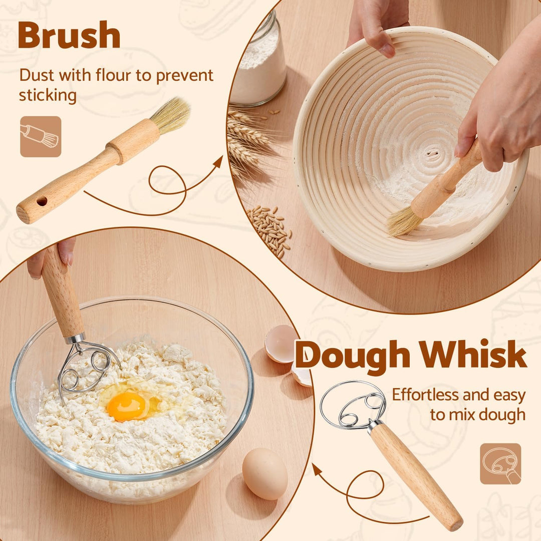 Sopito Gärkörbchen Set 23cm rund Brot Backen Zubehör Sauerteig Starter | Gärkorb Rund mit Leinentuch